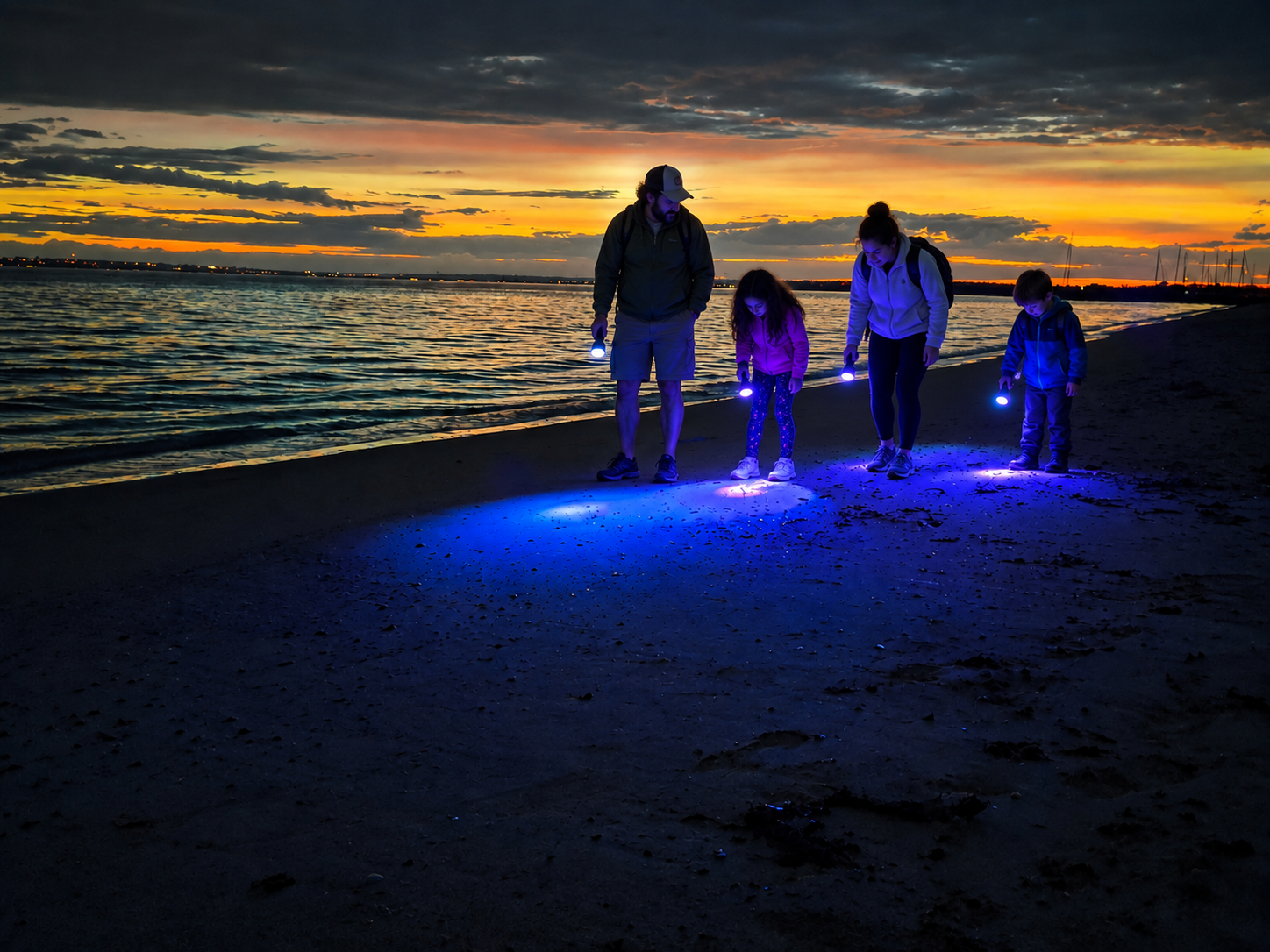 Family hunting for amber with UV flashlights on a beach at sunset