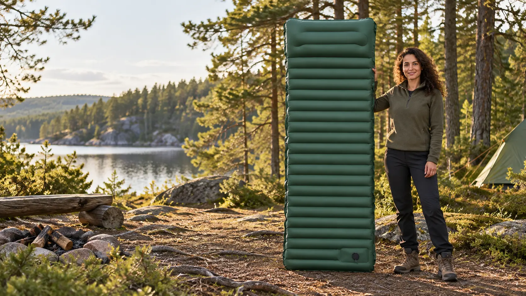 Woman holding a green self-inflating sleeping mat at a Nordic campsite